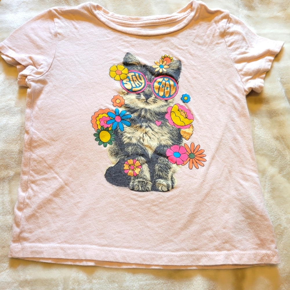 Girls Old Navy Soft Tee Stay Cool Flower Kitten Size 6-7